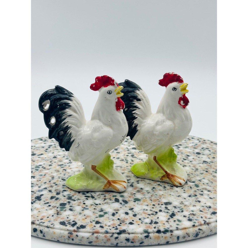 Japan Vintage Ceramic Rooster Figurine Pair White Black Red Farmhouse Decor